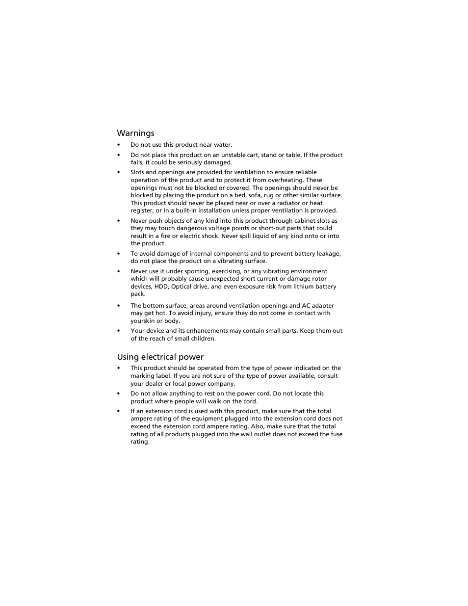 Warnings, Using electrical power | Acer Aspire easyStore H340 User Manual | Page 4 / 148