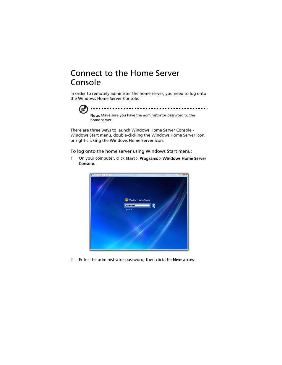 Connect to the home server console | Acer Aspire easyStore H340 User Manual | Page 48 / 148