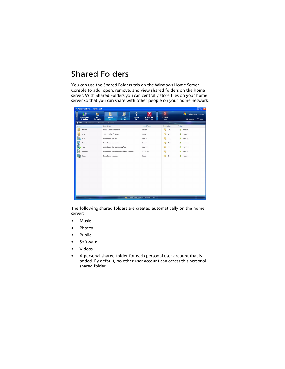 Shared folders | Acer Aspire easyStore H340 User Manual | Page 54 / 148