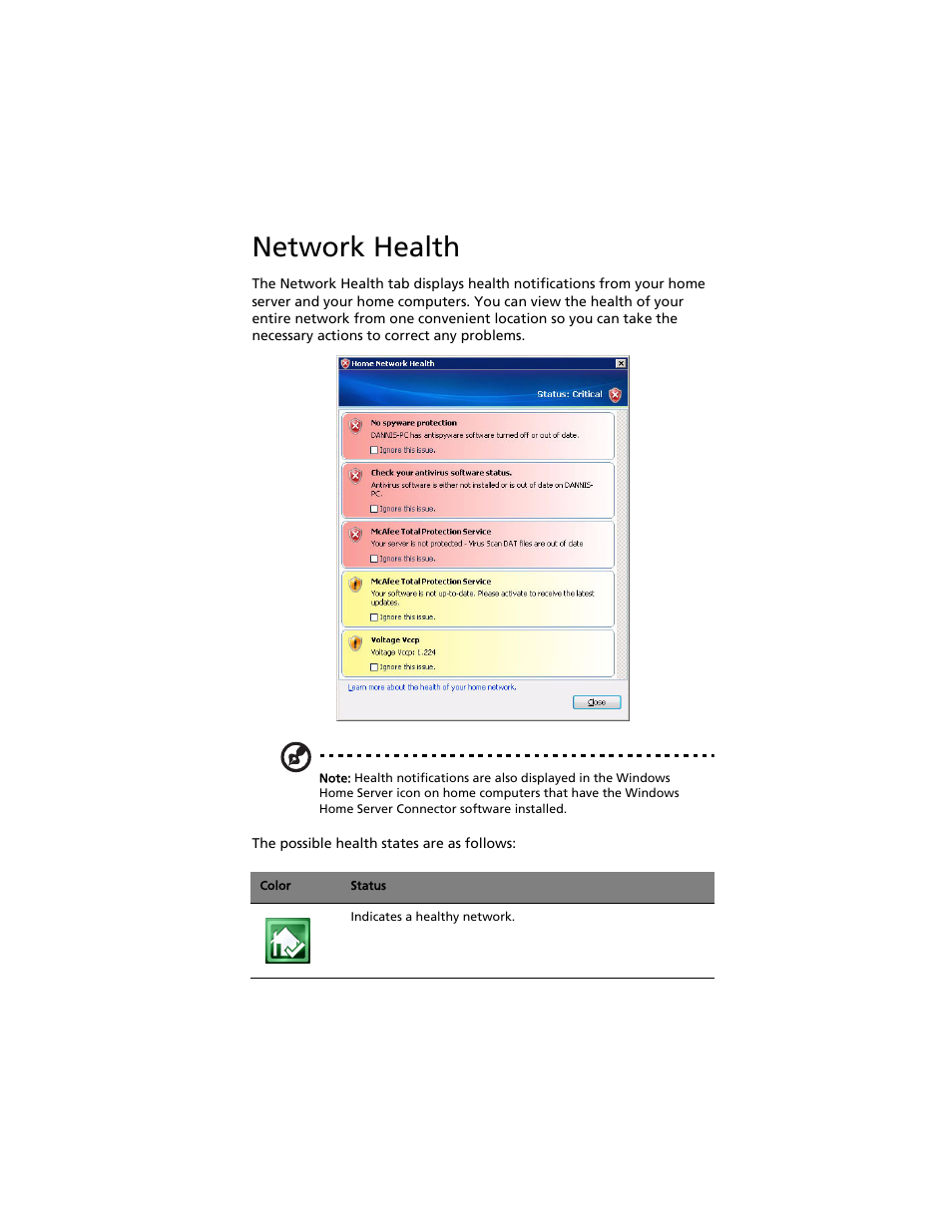 Network health | Acer Aspire easyStore H340 User Manual | Page 61 / 148