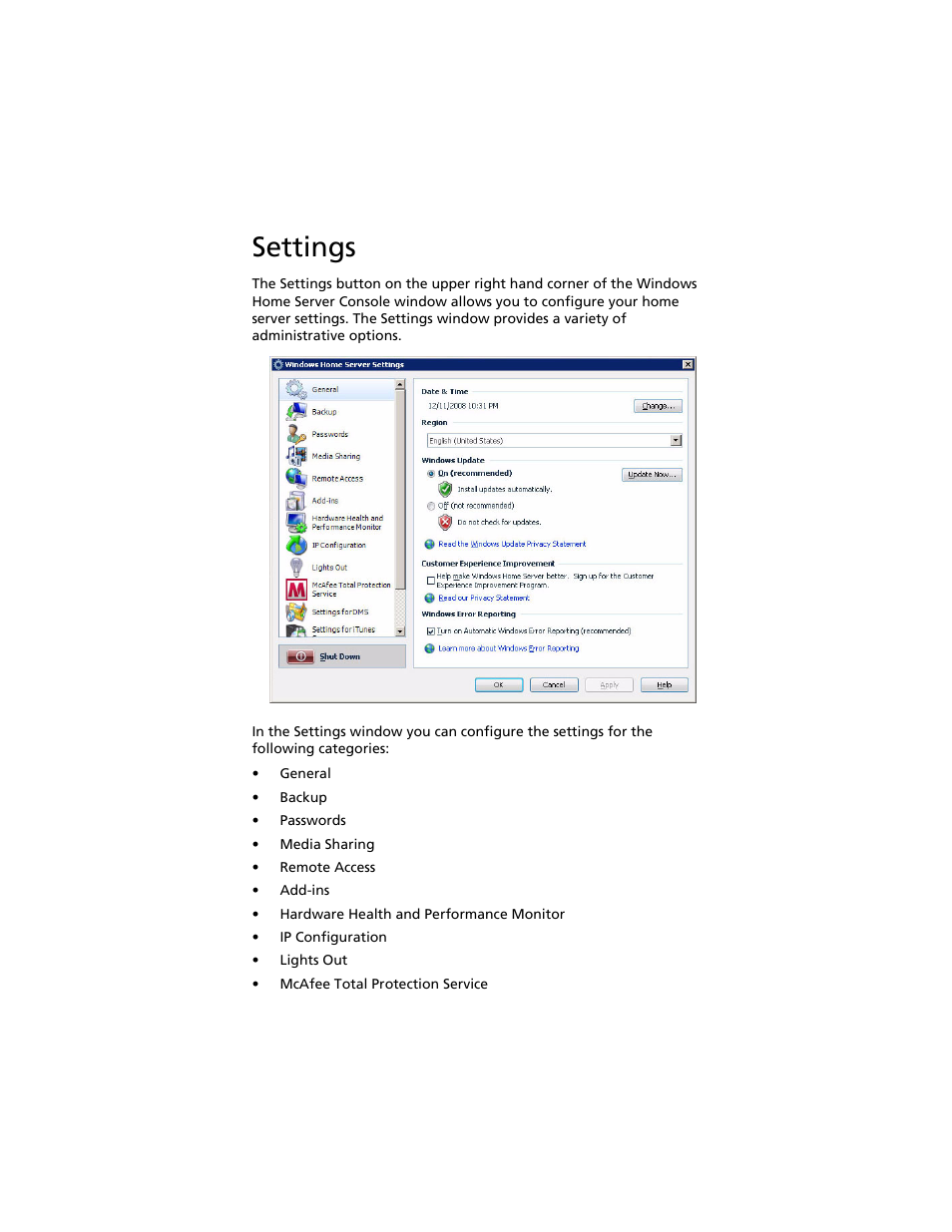 Settings | Acer Aspire easyStore H340 User Manual | Page 63 / 148