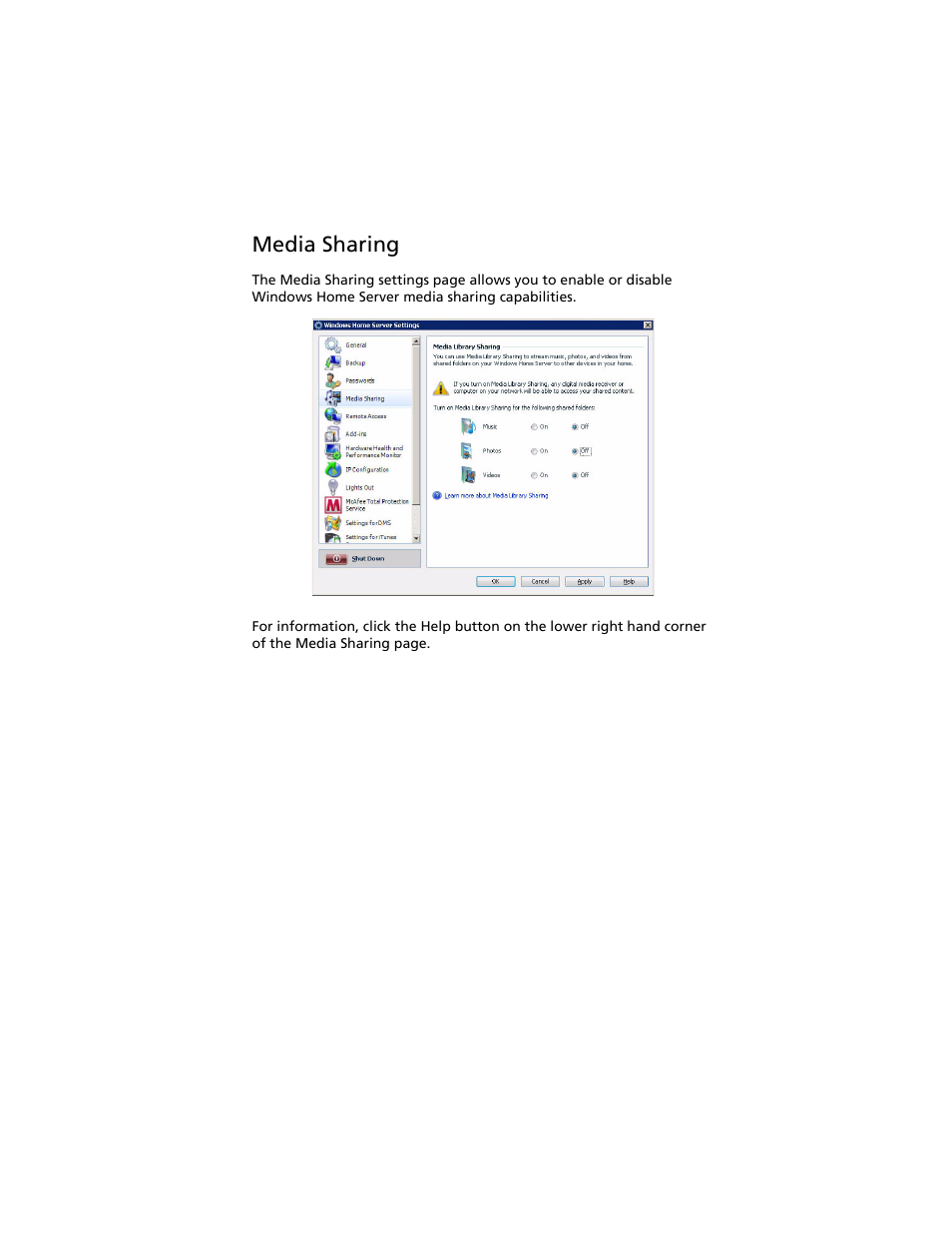 Media sharing | Acer Aspire easyStore H340 User Manual | Page 67 / 148