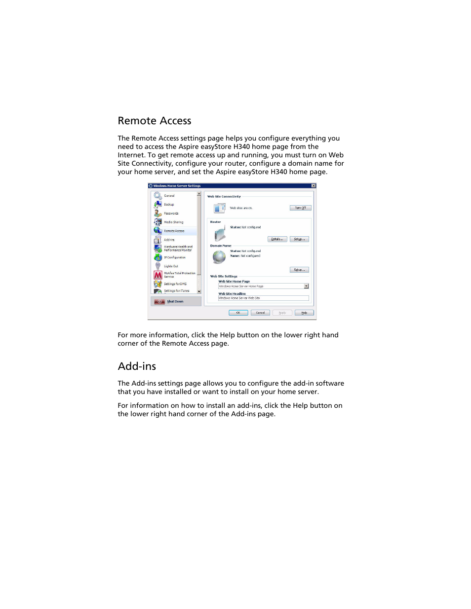 Remote access, Add-ins | Acer Aspire easyStore H340 User Manual | Page 68 / 148