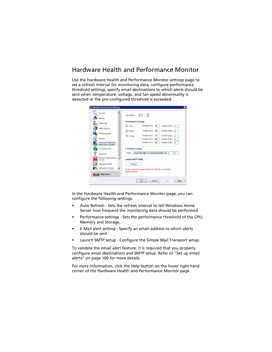 Hardware health and performance monitor | Acer Aspire easyStore H340 User Manual | Page 69 / 148