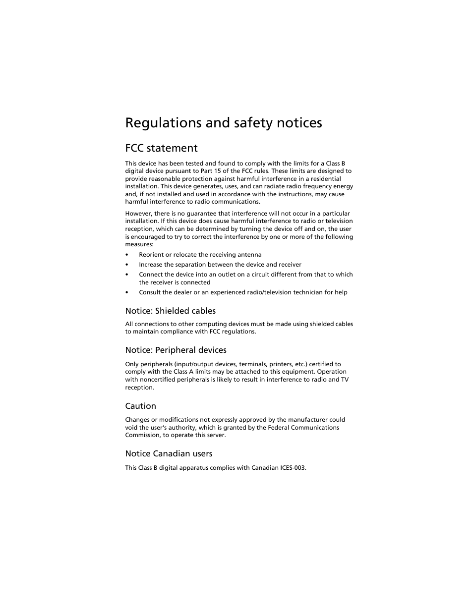 Regulations and safety notices, Fcc statement | Acer Aspire easyStore H340 User Manual | Page 7 / 148