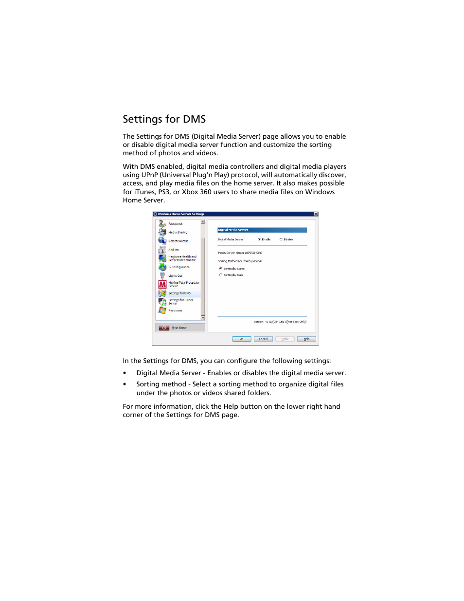 Settings for dms | Acer Aspire easyStore H340 User Manual | Page 73 / 148