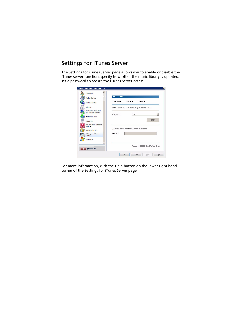 Settings for itunes server | Acer Aspire easyStore H340 User Manual | Page 74 / 148