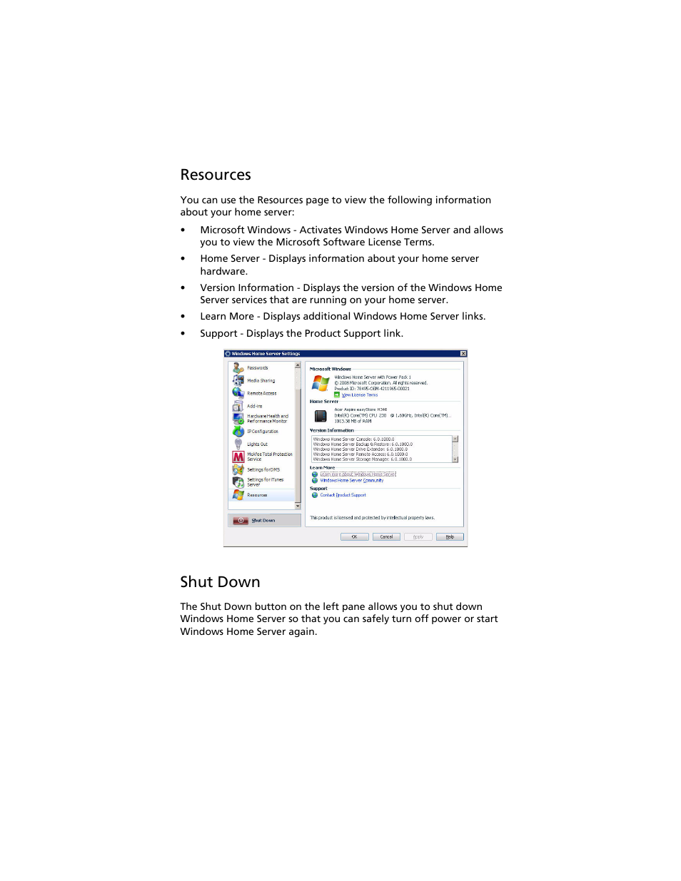 Resources, Shut down | Acer Aspire easyStore H340 User Manual | Page 75 / 148