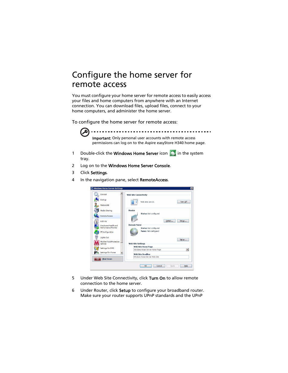 Configure the home server for remote access | Acer Aspire easyStore H340 User Manual | Page 90 / 148