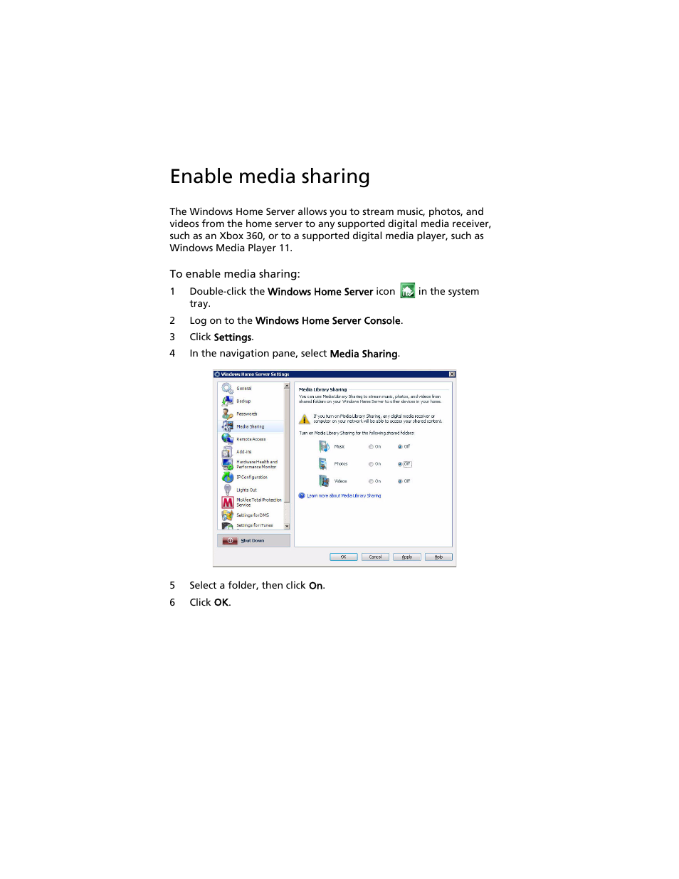 Enable media sharing | Acer Aspire easyStore H340 User Manual | Page 98 / 148
