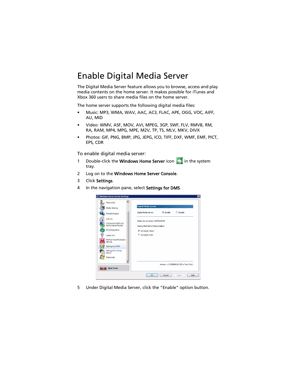 Enable digital media server | Acer Aspire easyStore H340 User Manual | Page 99 / 148
