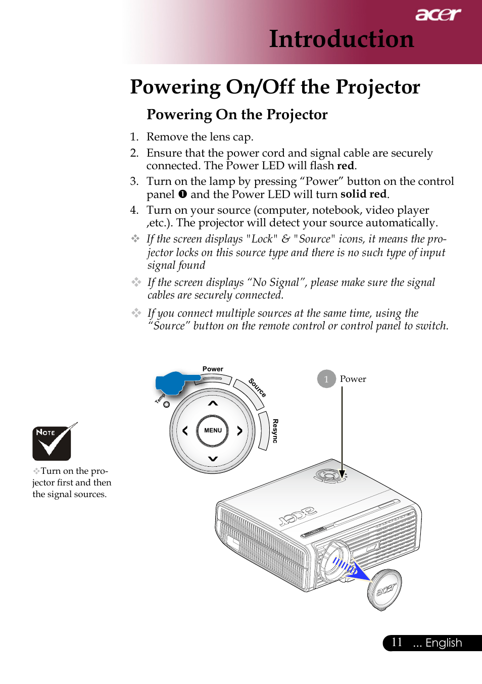 Introduction, Powering on/off the projector, Powering on the projector | Acer PH530 User Manual | Page 13 / 41