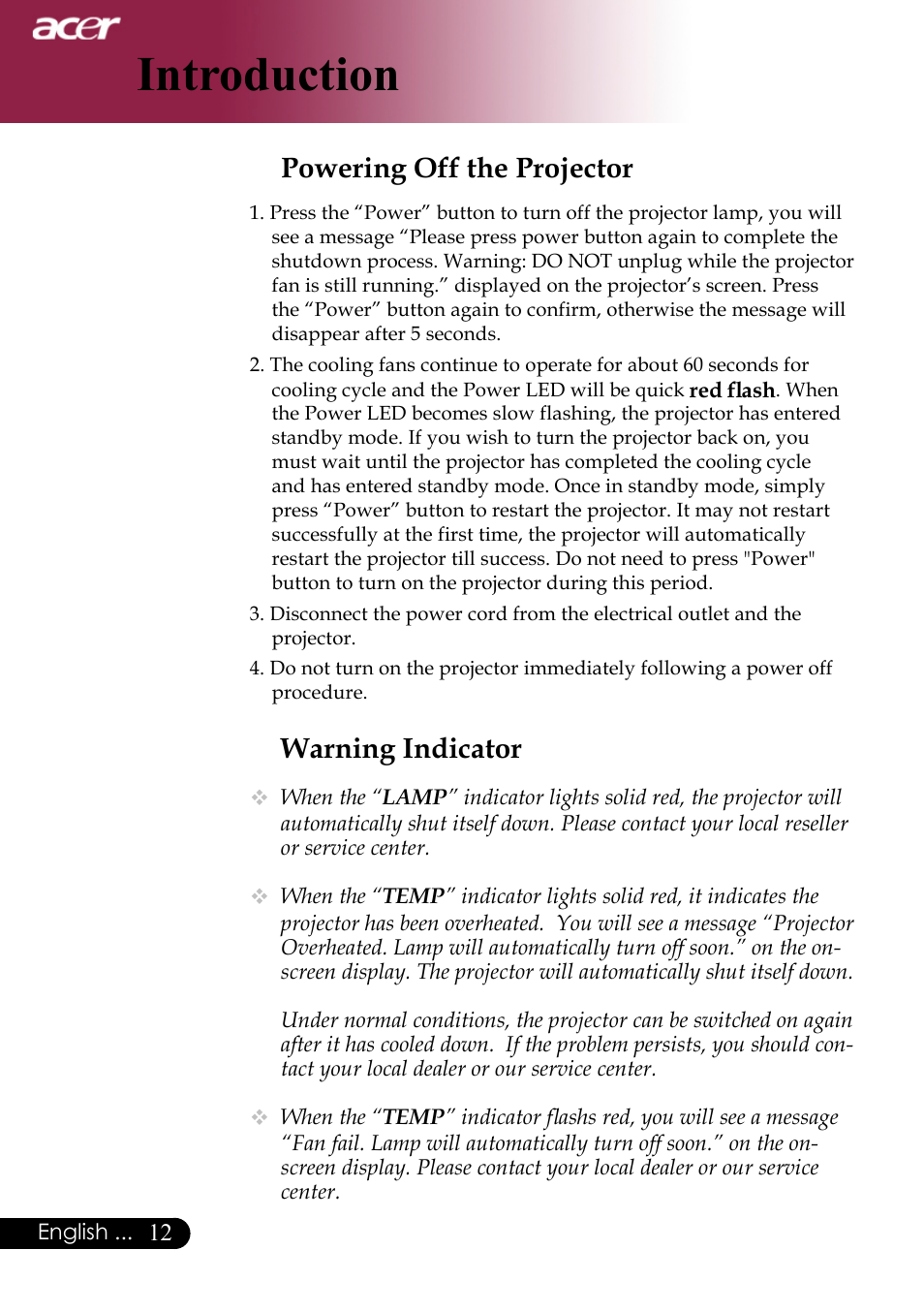 Introduction, Warning indicator, Powering off the projector | Acer PH530 User Manual | Page 14 / 41