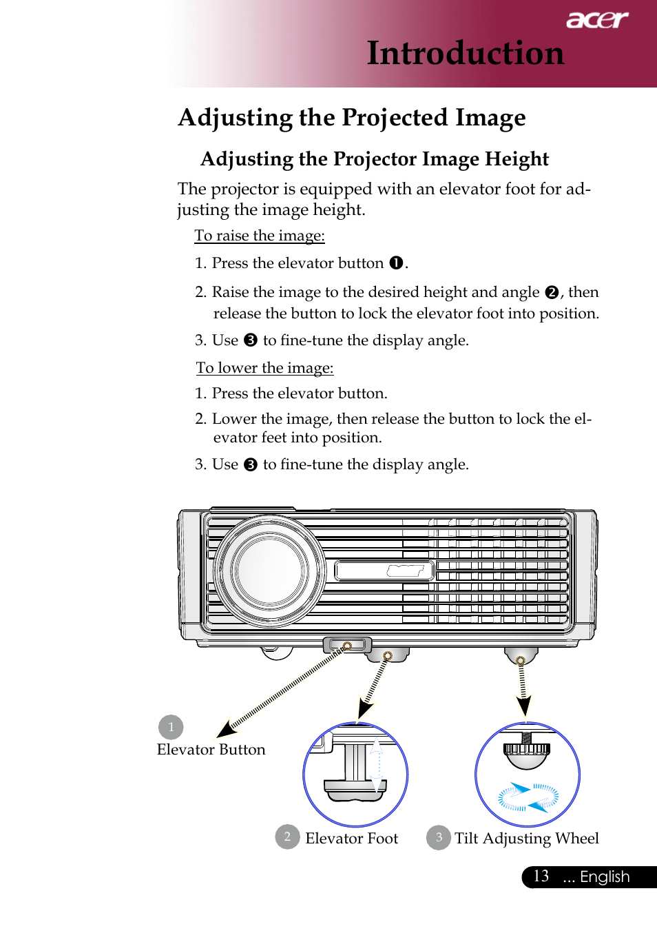 Introduction, Adjusting the projected image, Adjusting the projector image height | Acer PH530 User Manual | Page 15 / 41