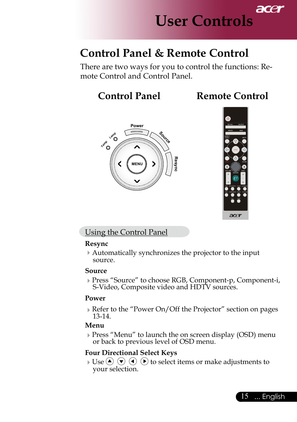 User controls, Control panel & remote control, Remote control control panel | Acer PH530 User Manual | Page 17 / 41
