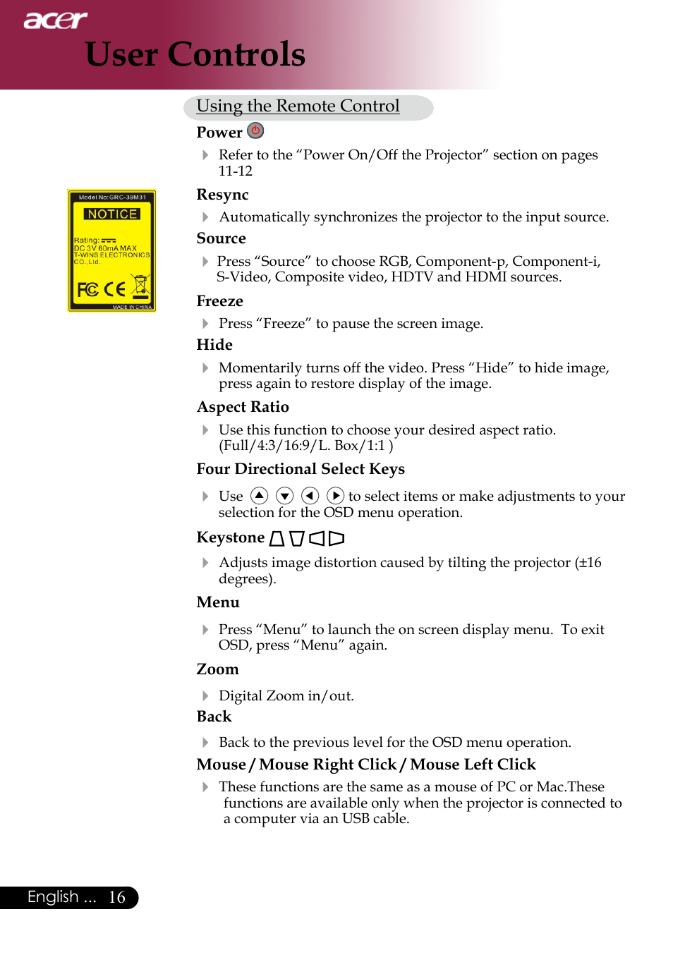User controls | Acer PH530 User Manual | Page 18 / 41