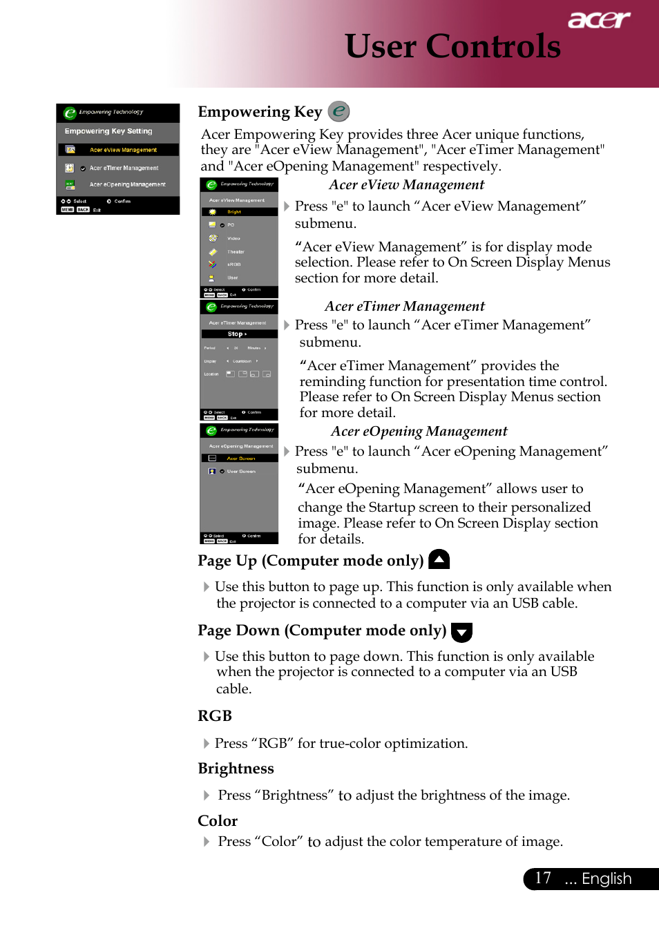 User controls | Acer PH530 User Manual | Page 19 / 41
