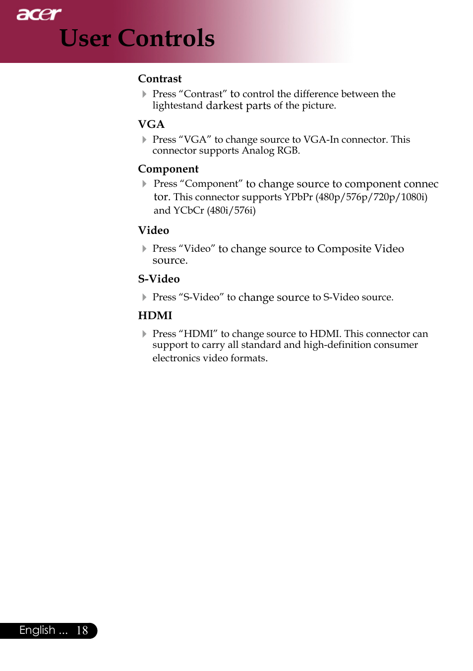 User controls | Acer PH530 User Manual | Page 20 / 41