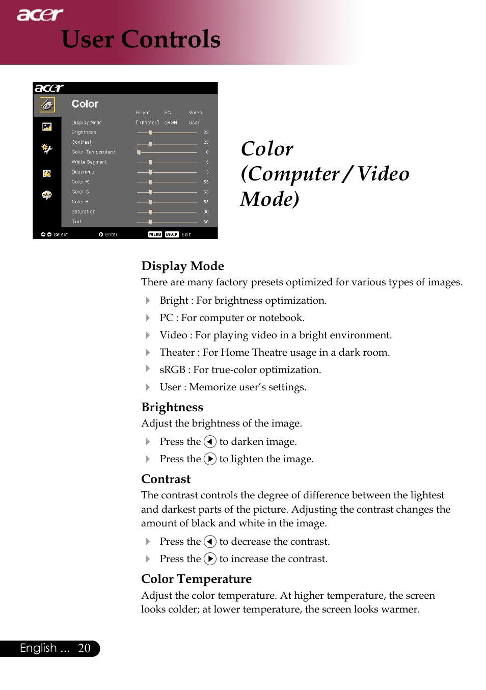 User controls, Color (computer / video mode) | Acer PH530 User Manual | Page 22 / 41