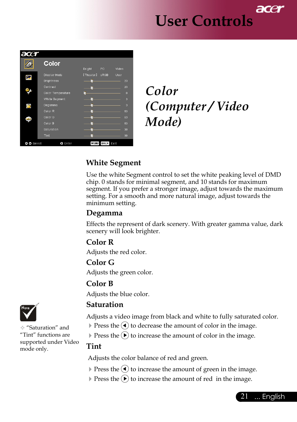 User controls, Color (computer / video mode) | Acer PH530 User Manual | Page 23 / 41