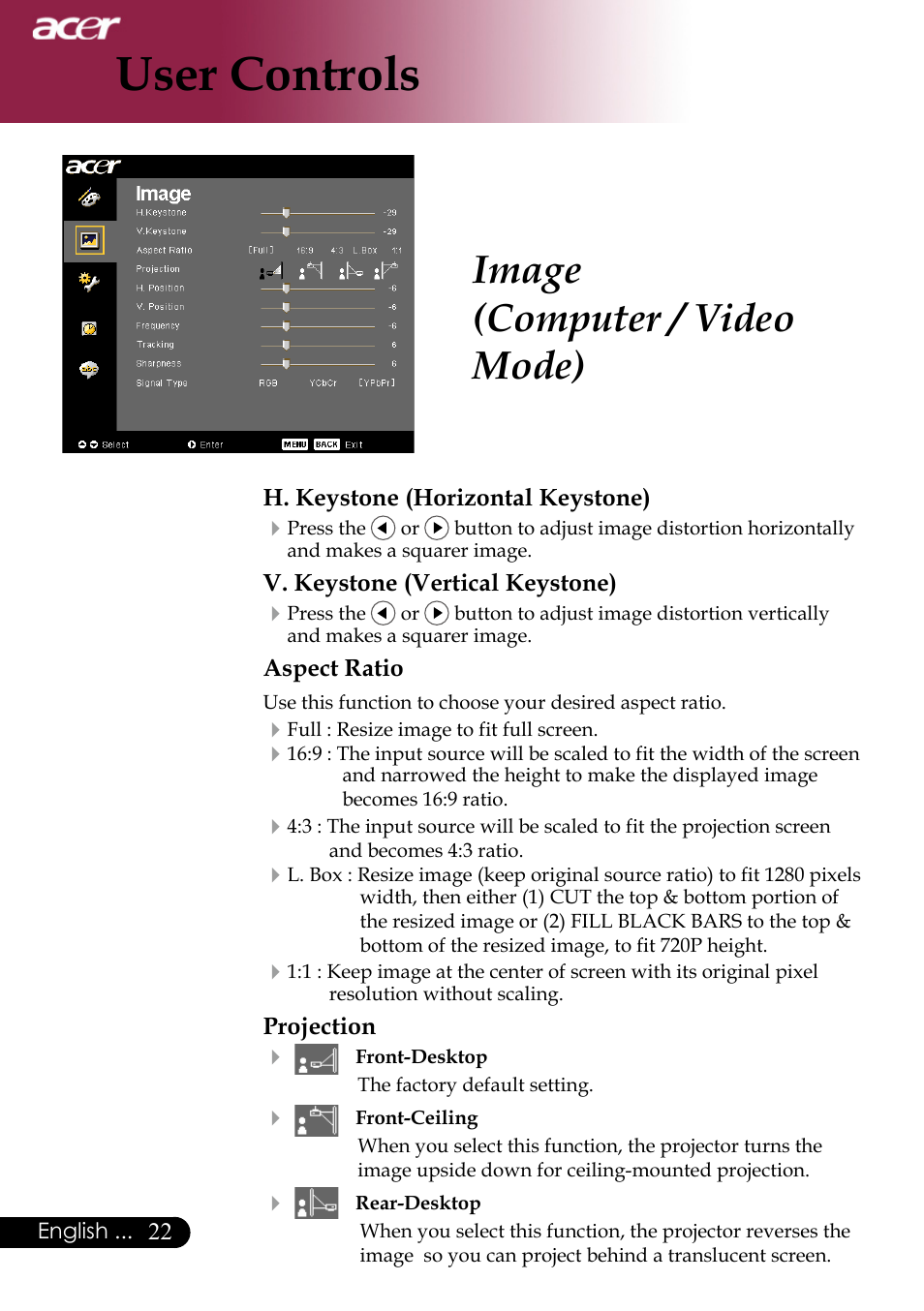 User controls, Image (computer / video mode) | Acer PH530 User Manual | Page 24 / 41