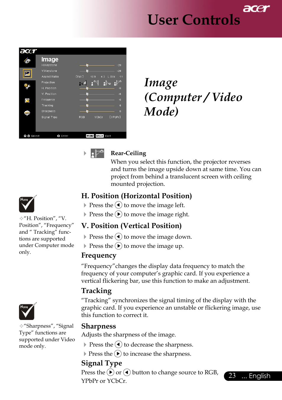 User controls, Image (computer / video mode) | Acer PH530 User Manual | Page 25 / 41