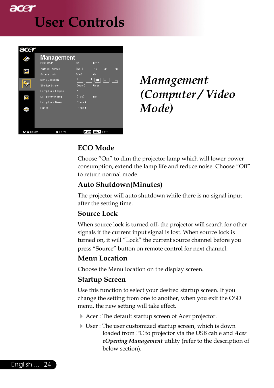User controls, Management (computer / video mode) | Acer PH530 User Manual | Page 26 / 41