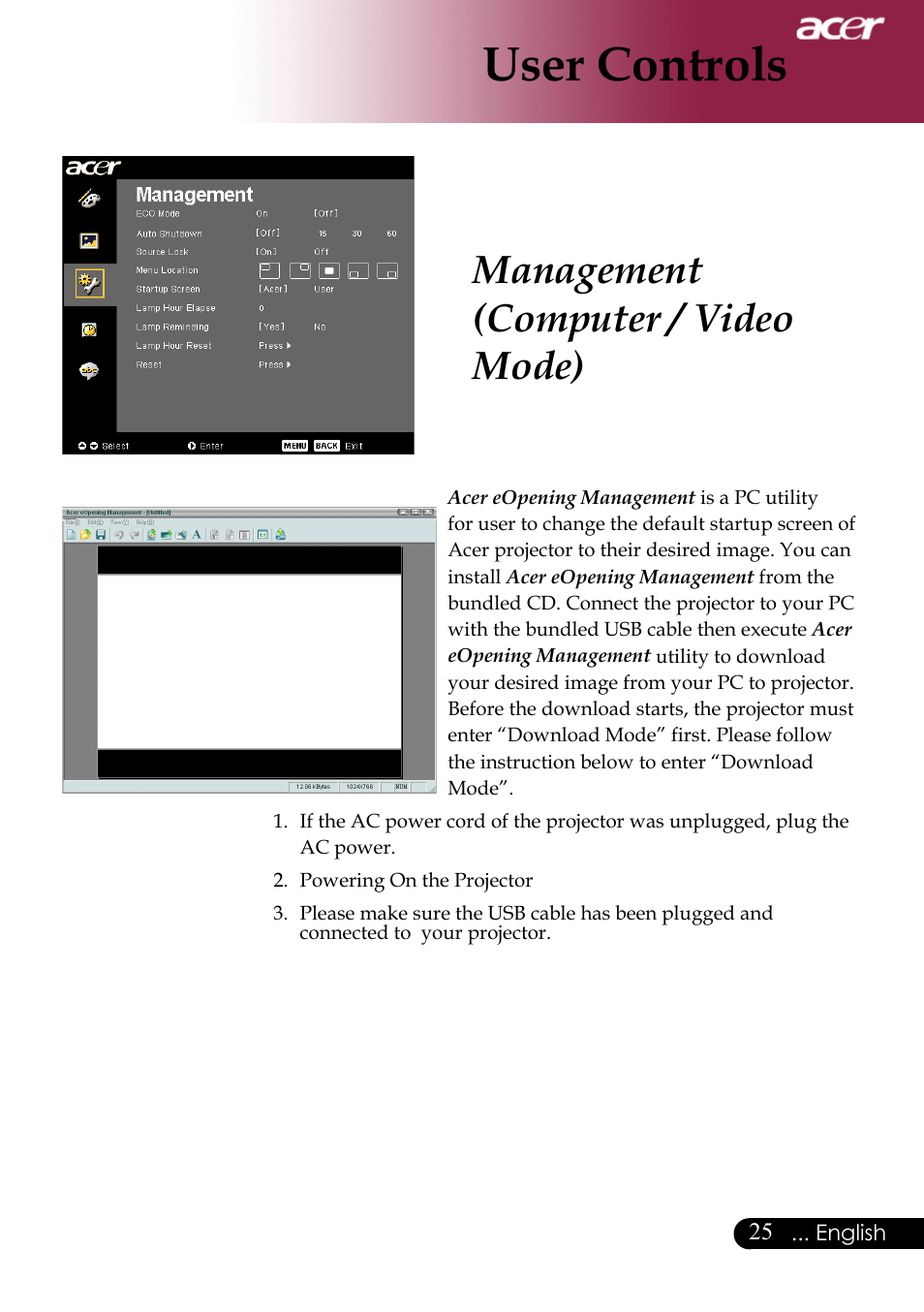 User controls, Management (computer / video mode) | Acer PH530 User Manual | Page 27 / 41