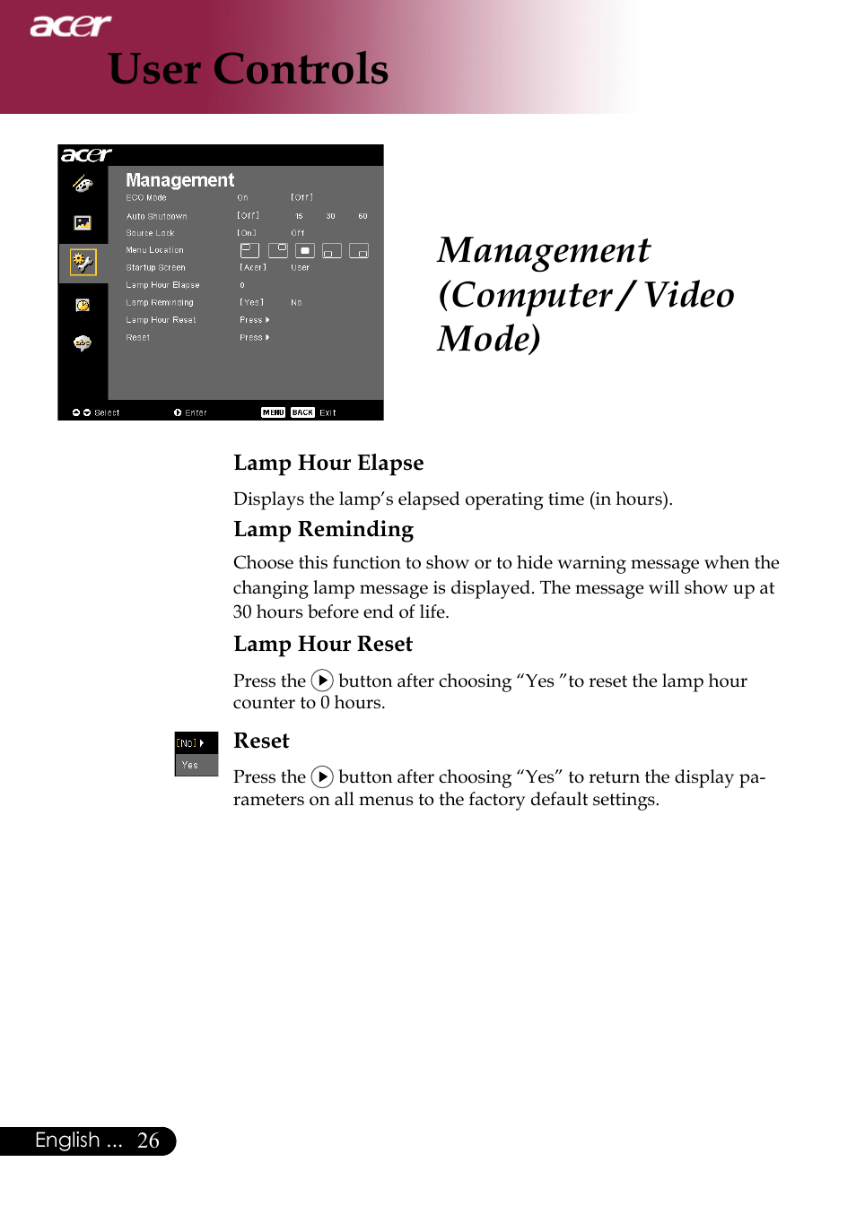User controls, Management (computer / video mode) | Acer PH530 User Manual | Page 28 / 41