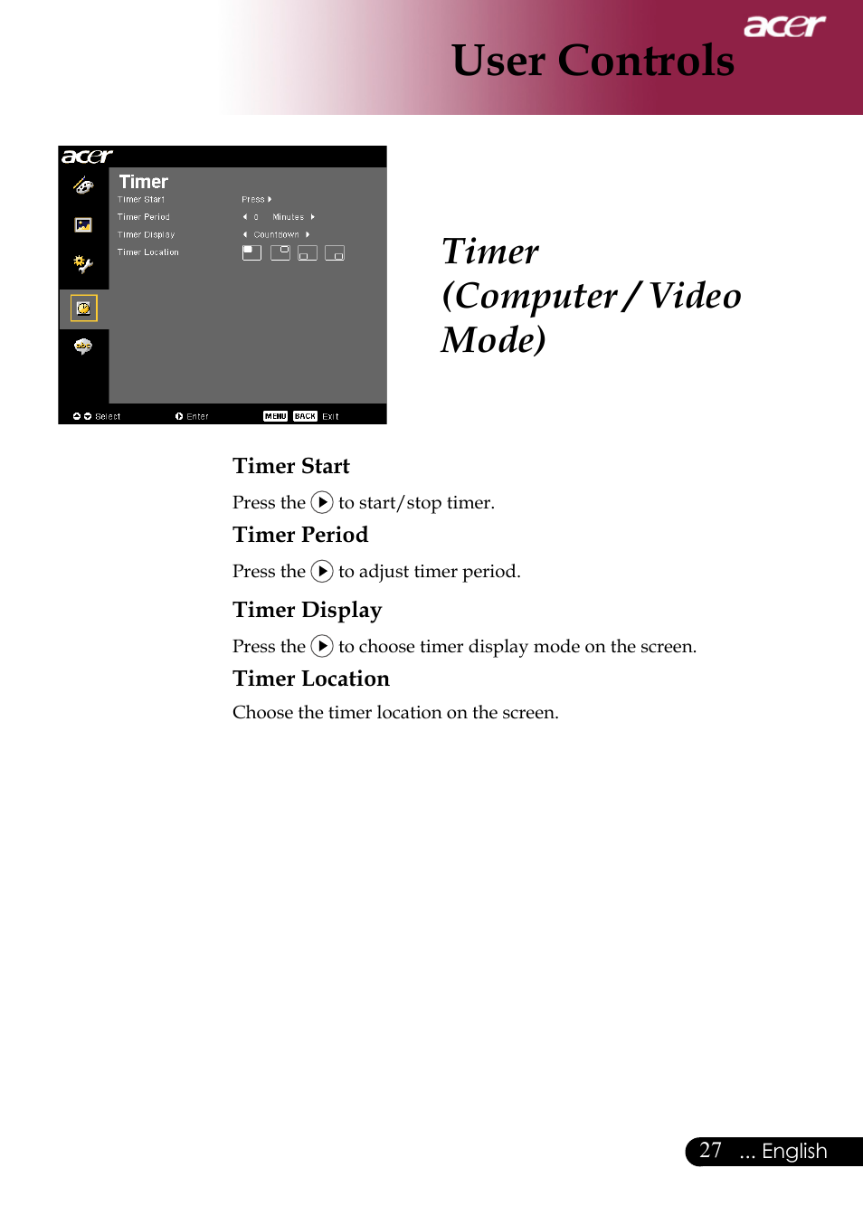 User controls, Timer (computer / video mode) | Acer PH530 User Manual | Page 29 / 41