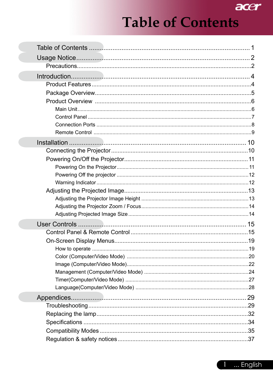 Acer PH530 User Manual | Page 3 / 41