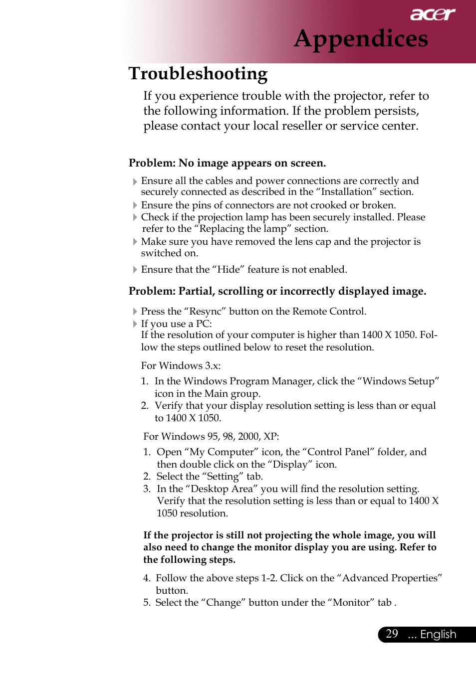 Appendices, Troubleshooting | Acer PH530 User Manual | Page 31 / 41