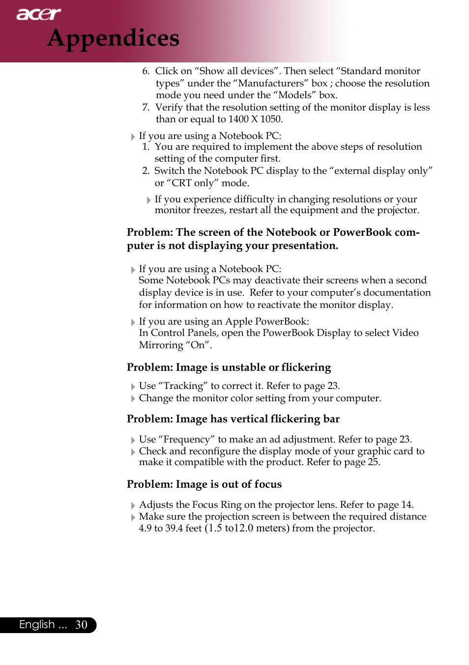 Appendices | Acer PH530 User Manual | Page 32 / 41
