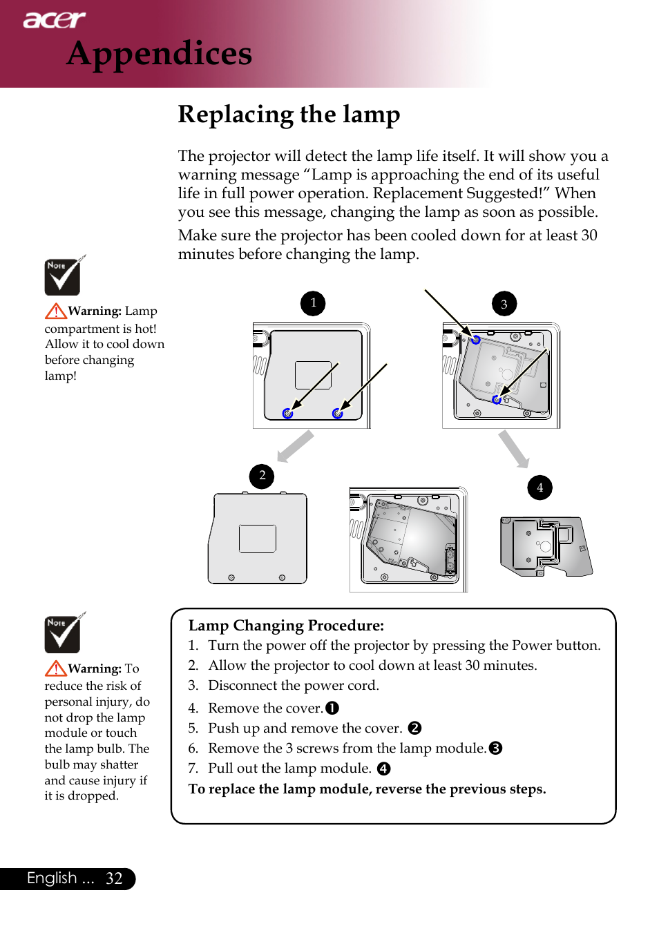 Appendices, Replacing the lamp | Acer PH530 User Manual | Page 34 / 41