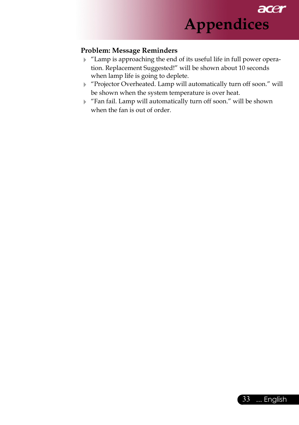 Appendices | Acer PH530 User Manual | Page 35 / 41
