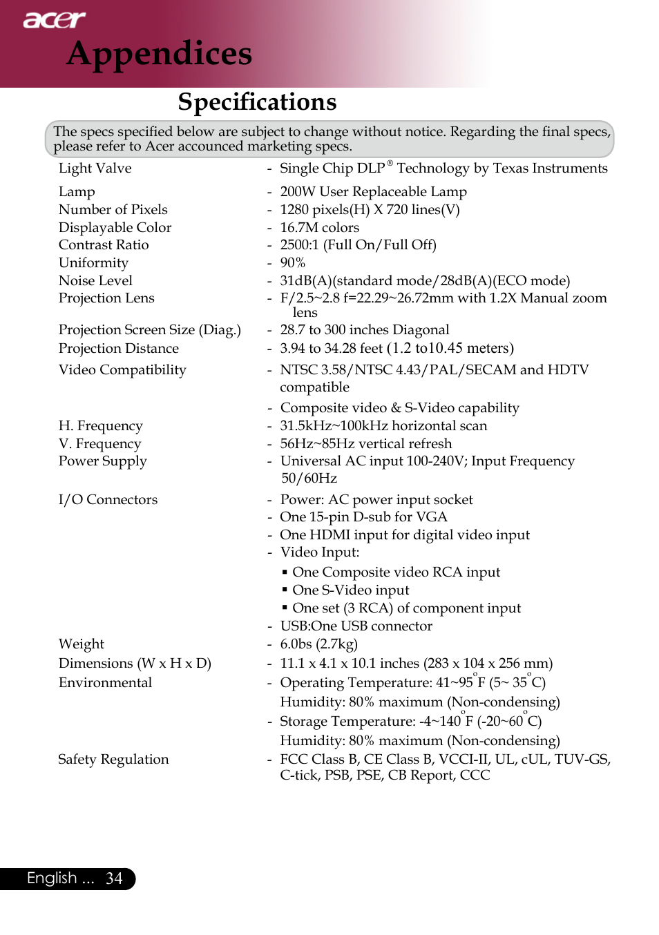 Appendices, Specifications | Acer PH530 User Manual | Page 36 / 41