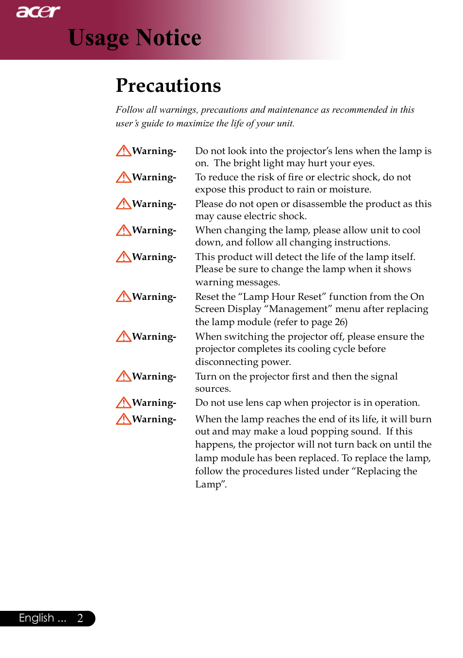 Usage notice, Precautions | Acer PH530 User Manual | Page 4 / 41