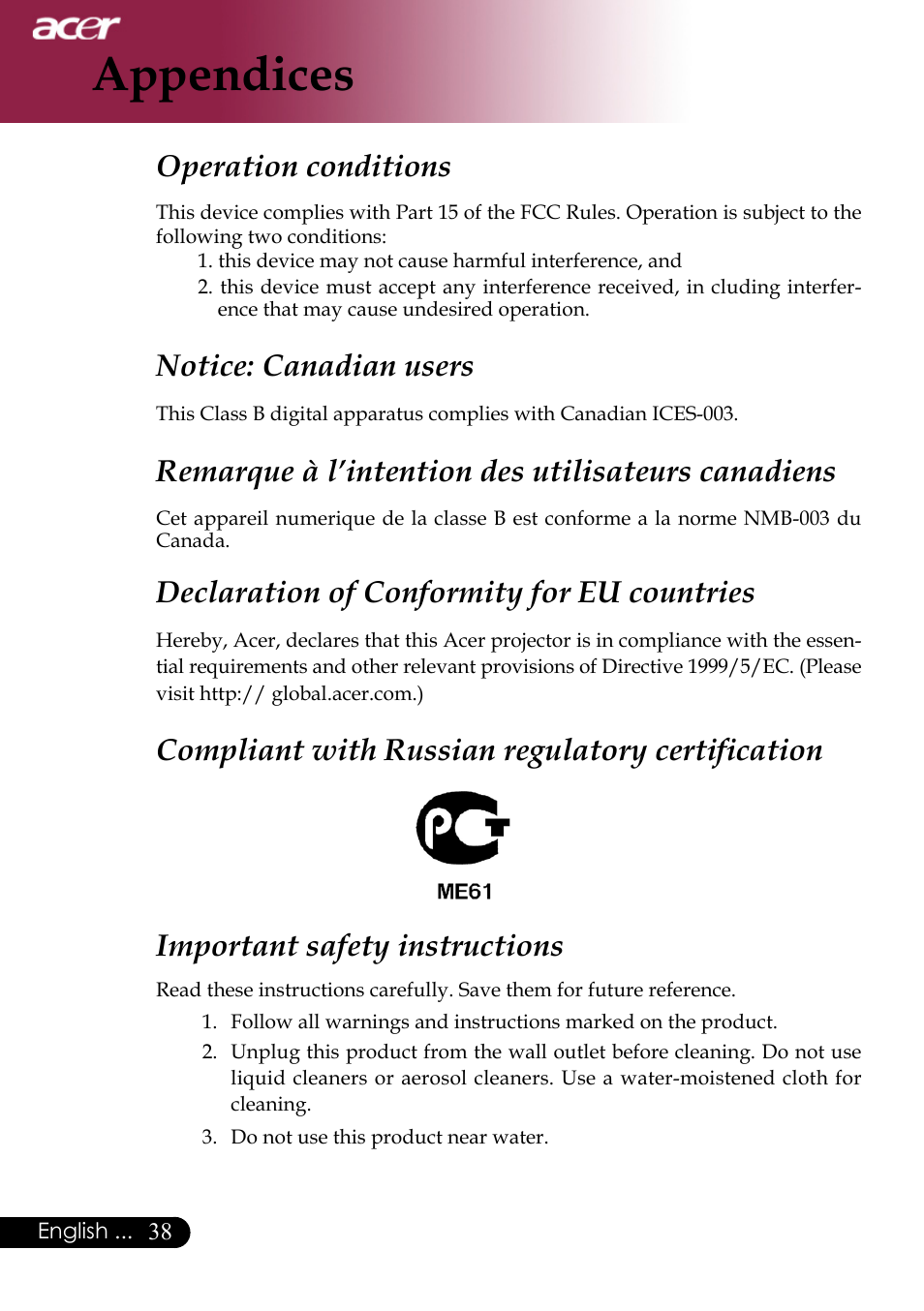 Appendices, Operation conditions, Notice: canadian users | Remarque à l’intention des utilisateurs canadiens, Declaration of conformity for eu countries | Acer PH530 User Manual | Page 40 / 41