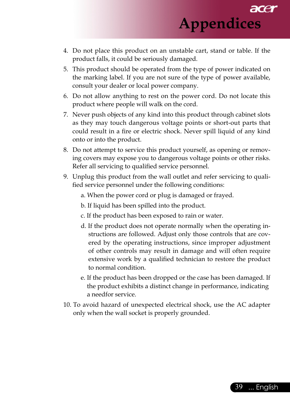 Appendices | Acer PH530 User Manual | Page 41 / 41