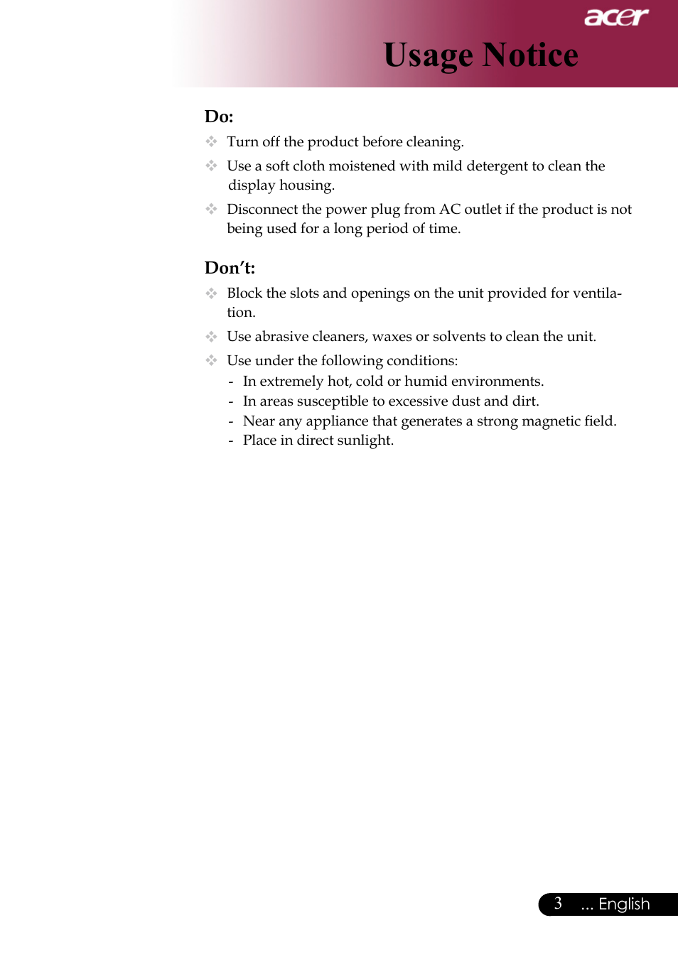 Usage notice | Acer PH530 User Manual | Page 5 / 41