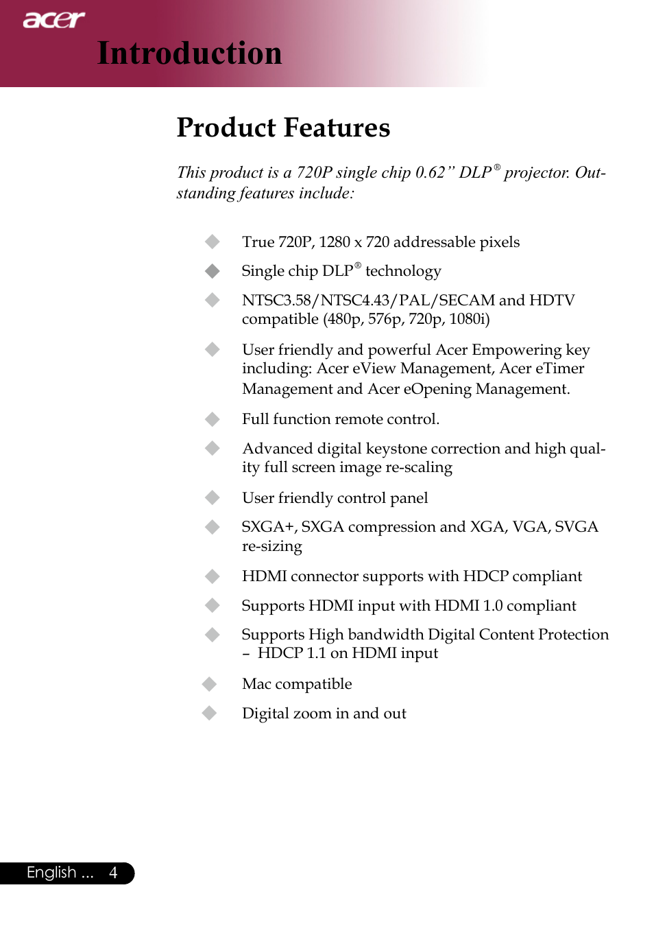 Introduction, Product features | Acer PH530 User Manual | Page 6 / 41