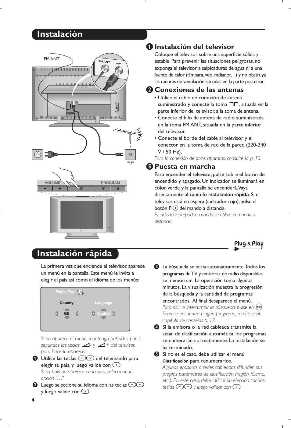 Instalación rápida, Instalación, Instalación del televisor | É conexiones de las antenas, Puesta en marcha | Philips Matchline Téléviseur User Manual | Page 124 / 216