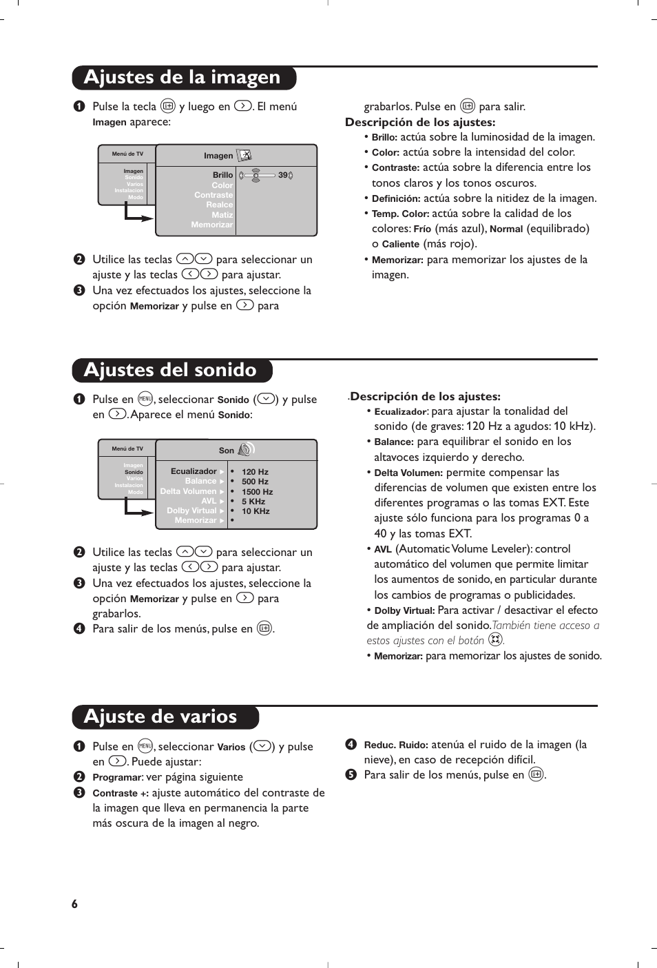 Ajustes de la imagen ajustes del sonido, Ajuste de varios | Philips Matchline Téléviseur User Manual | Page 126 / 216