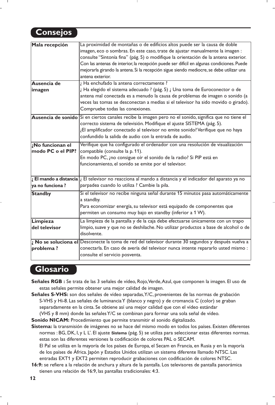 Glosario, Consejos | Philips Matchline Téléviseur User Manual | Page 132 / 216