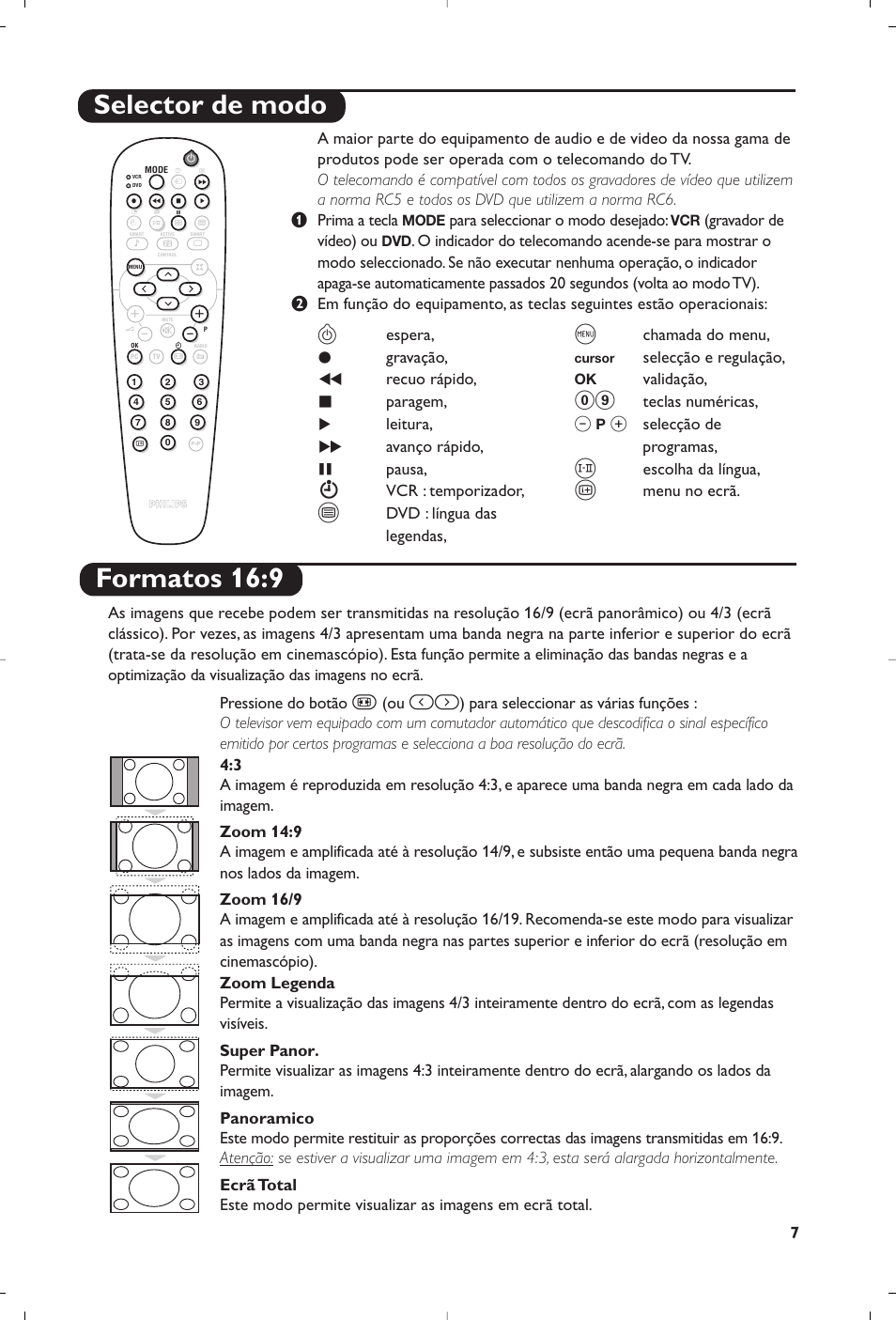 Formatos 16:9, Selector de modo, Espera | Gravação, Recuo rápido, Paragem, Leitura, Avanço rápido, Pausa, Vcr : temporizador | Philips Matchline Téléviseur User Manual | Page 139 / 216