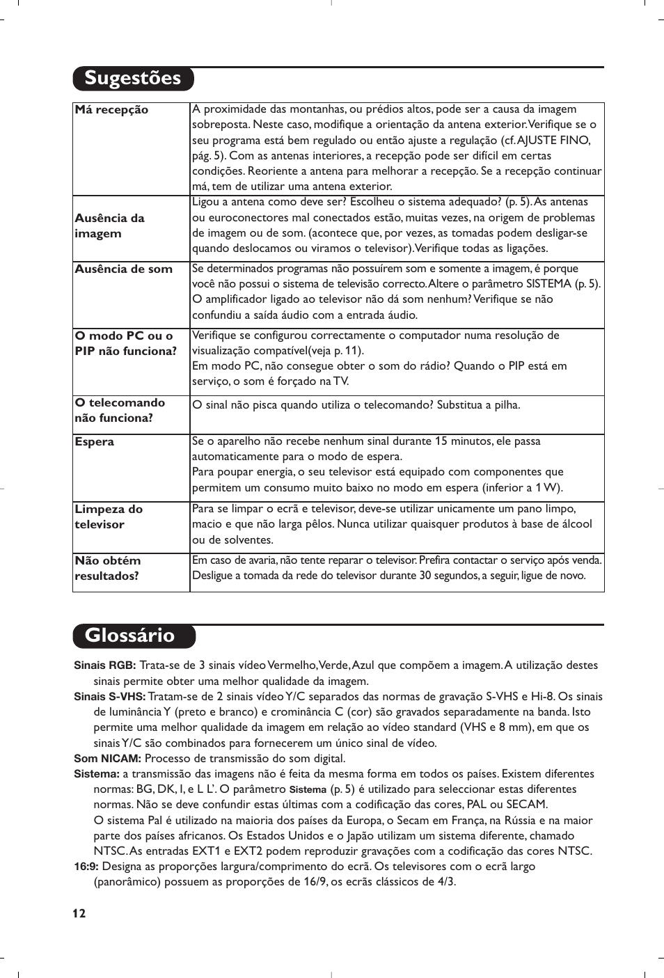 Glossário, Sugestões | Philips Matchline Téléviseur User Manual | Page 144 / 216