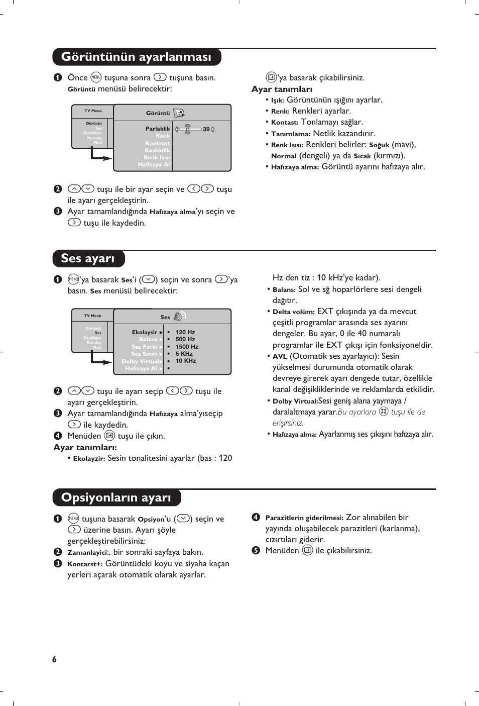 Görüntünün ayarlanmas› ses ayar, Opsiyonlar›n ayar | Philips Matchline Téléviseur User Manual | Page 162 / 216