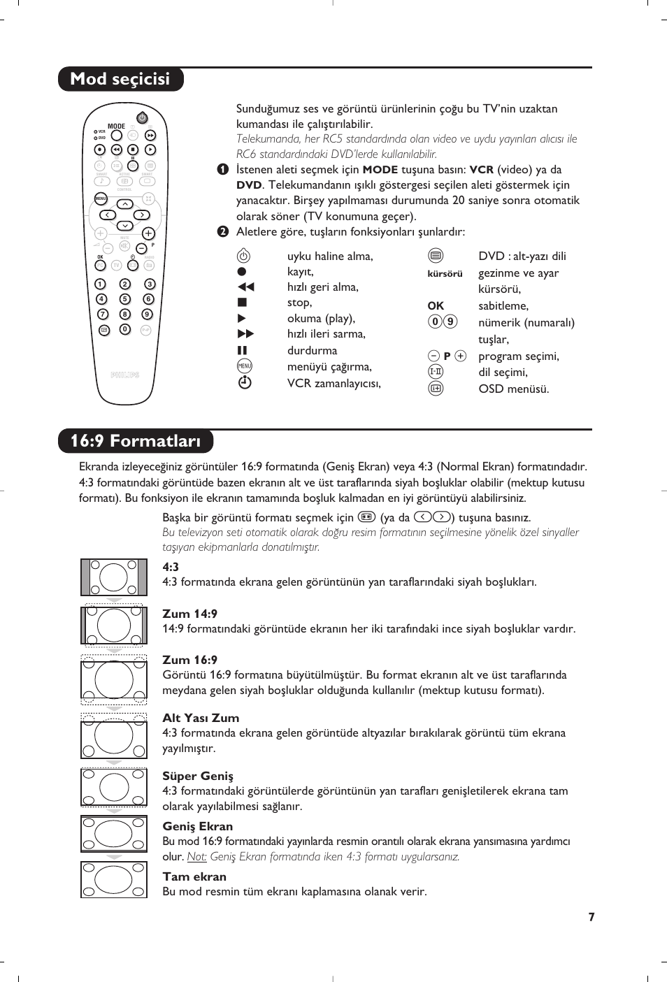 9 formatlar, Mod seçicisi, Ya da | Uyku haline alma, Kay›t, H›zl› geri alma, Stop, Okuma (play), H›zl› ileri sarma, Durdurma | Philips Matchline Téléviseur User Manual | Page 163 / 216