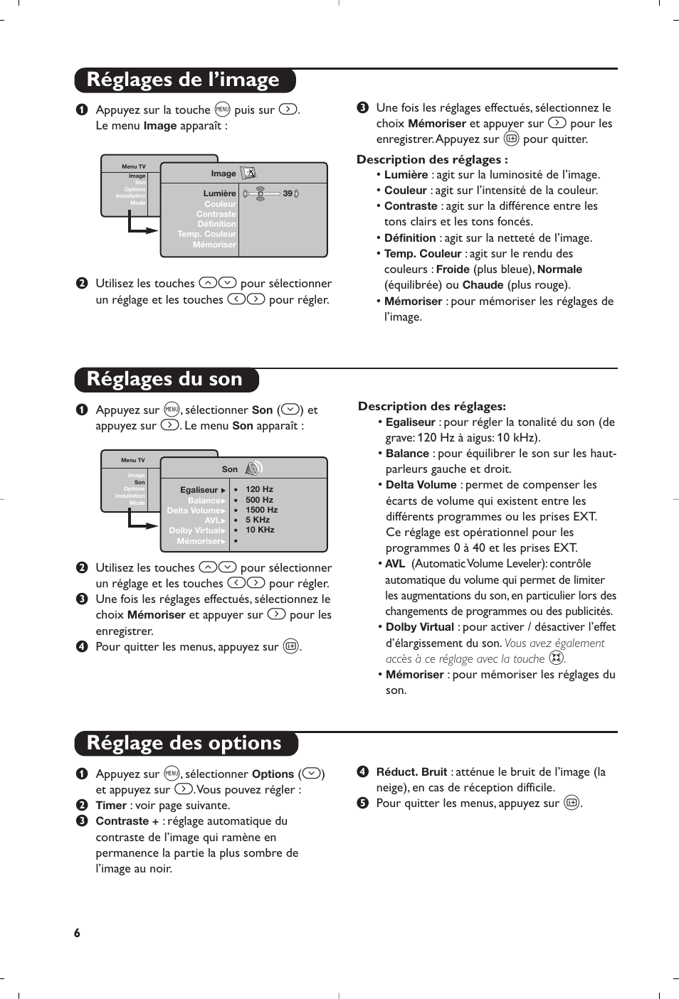 Réglages de l’image réglages du son, Réglage des options | Philips Matchline Téléviseur User Manual | Page 18 / 216