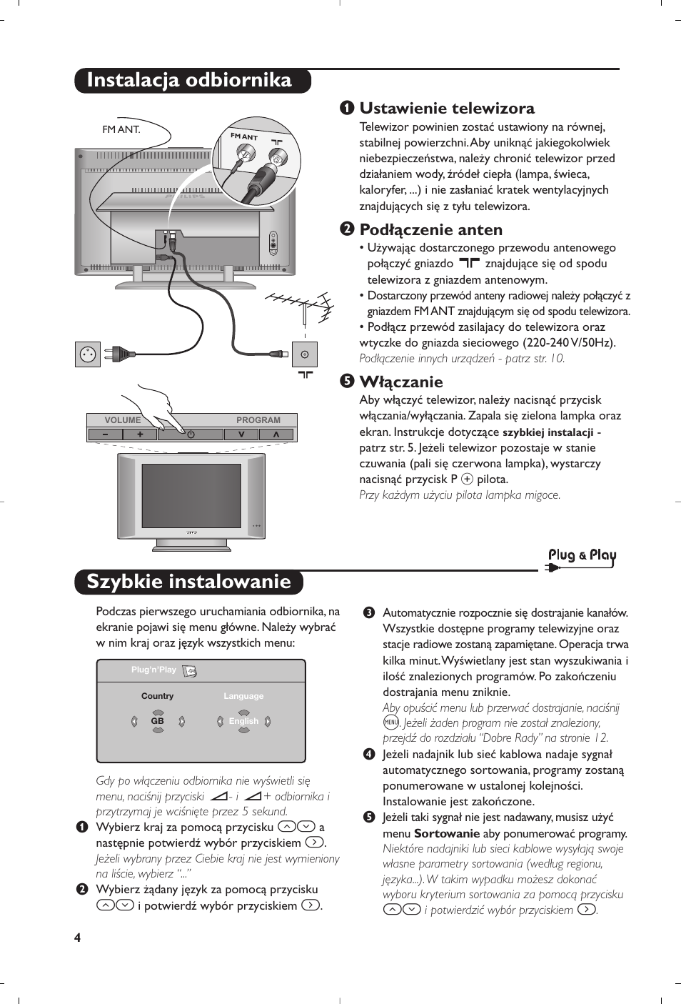 Szybkie instalowanie, Instalacja odbiornika, Ustawienie telewizora | Podłączenie anten, Włączanie | Philips Matchline Téléviseur User Manual | Page 184 / 216